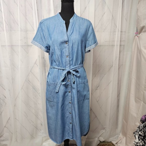 Old Navy Dresses & Skirts - Old Navy Blue Chambray Button Down Belted Midi Short Sleeve Shirt Dress Size L